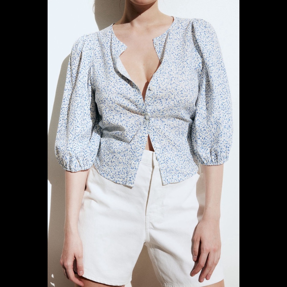 Linen blend Floral Blue Button-Up Women's Top